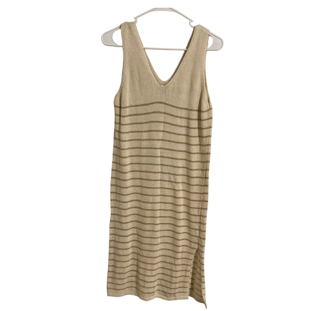 Floris Made in Italy Cream Gold Metallic Striped Knit V-Neck Tank Dress M/L